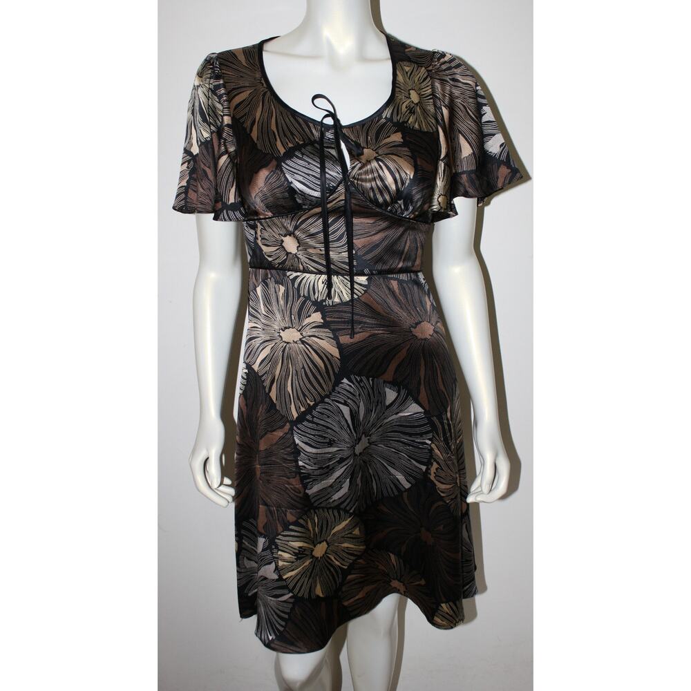 BETSEY JOHNSON Dress 4 Black Silver Gold Silk Floral SS Tie Front Sweetheart